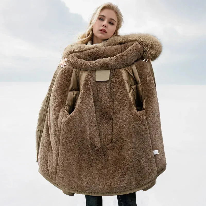 Frauen Parka Mode Lang mantel Wolle Liner Kapuze Parkas 2024 neue Winter jacke schlank mit Pelz kragen warmer Schnee tragen gepolsterte Kleidung