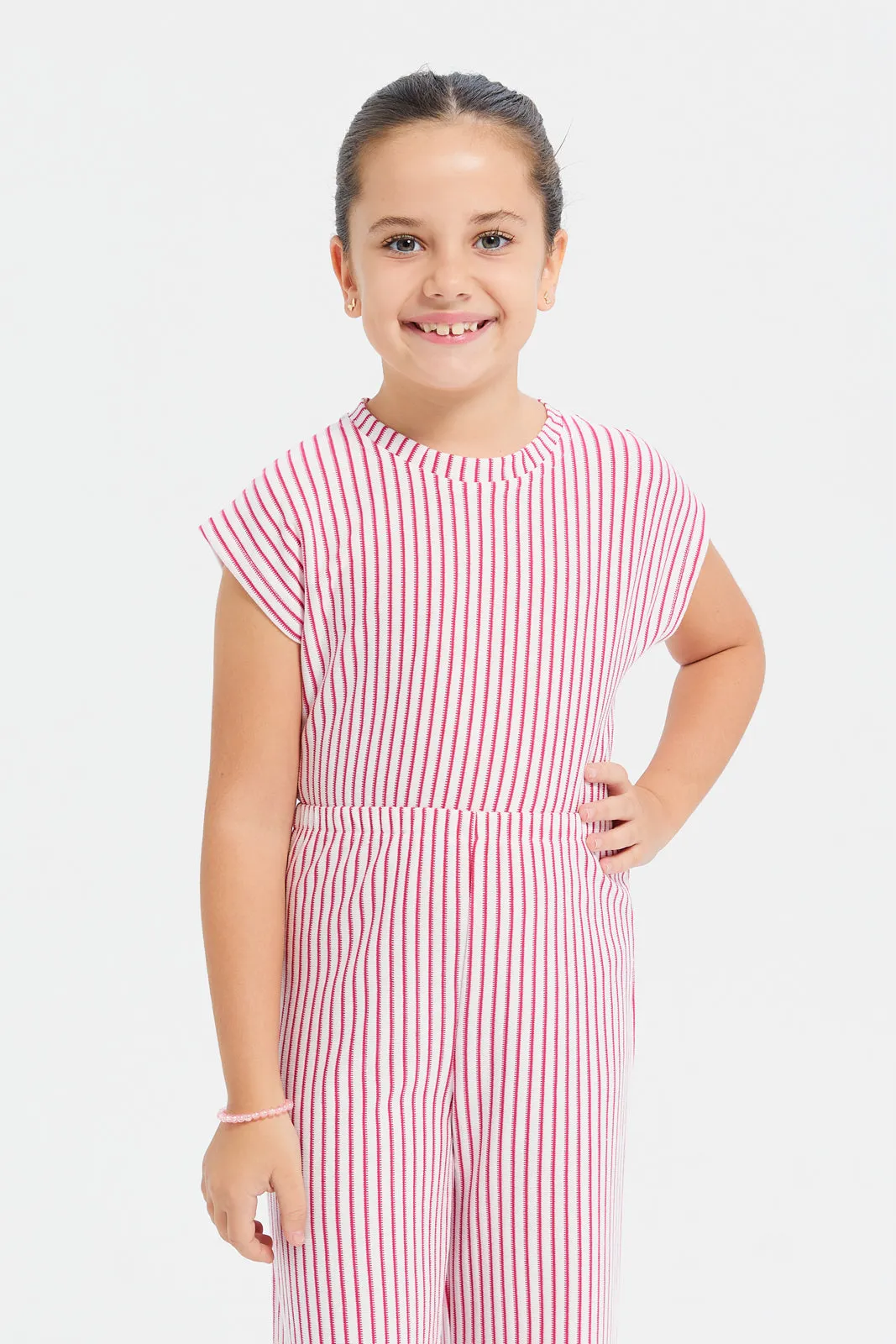 Girls White And Red Striped Jumpsuit