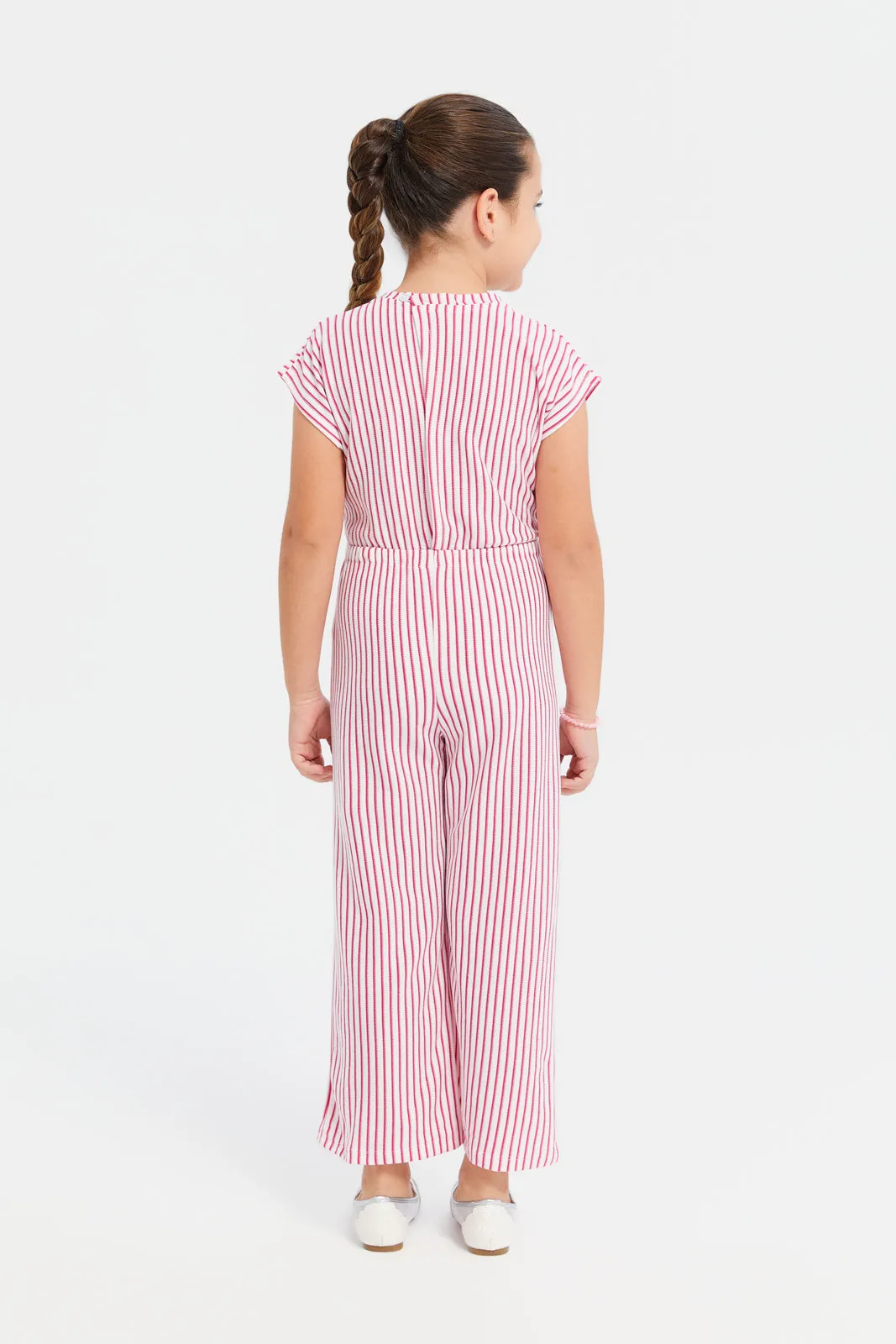 Girls White And Red Striped Jumpsuit