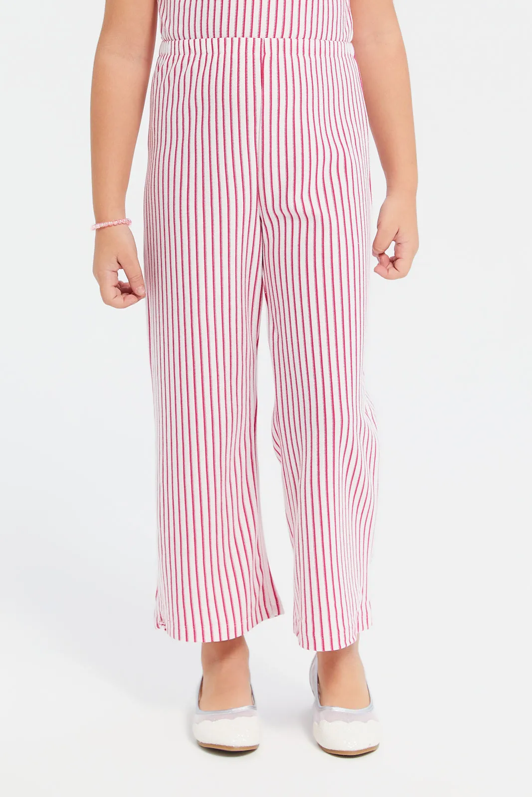 Girls White And Red Striped Jumpsuit