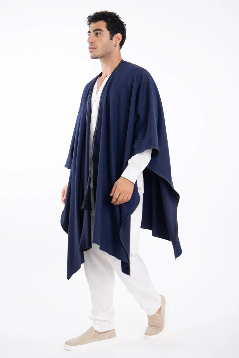 Loro Piana Wool Blue Checks Poncho