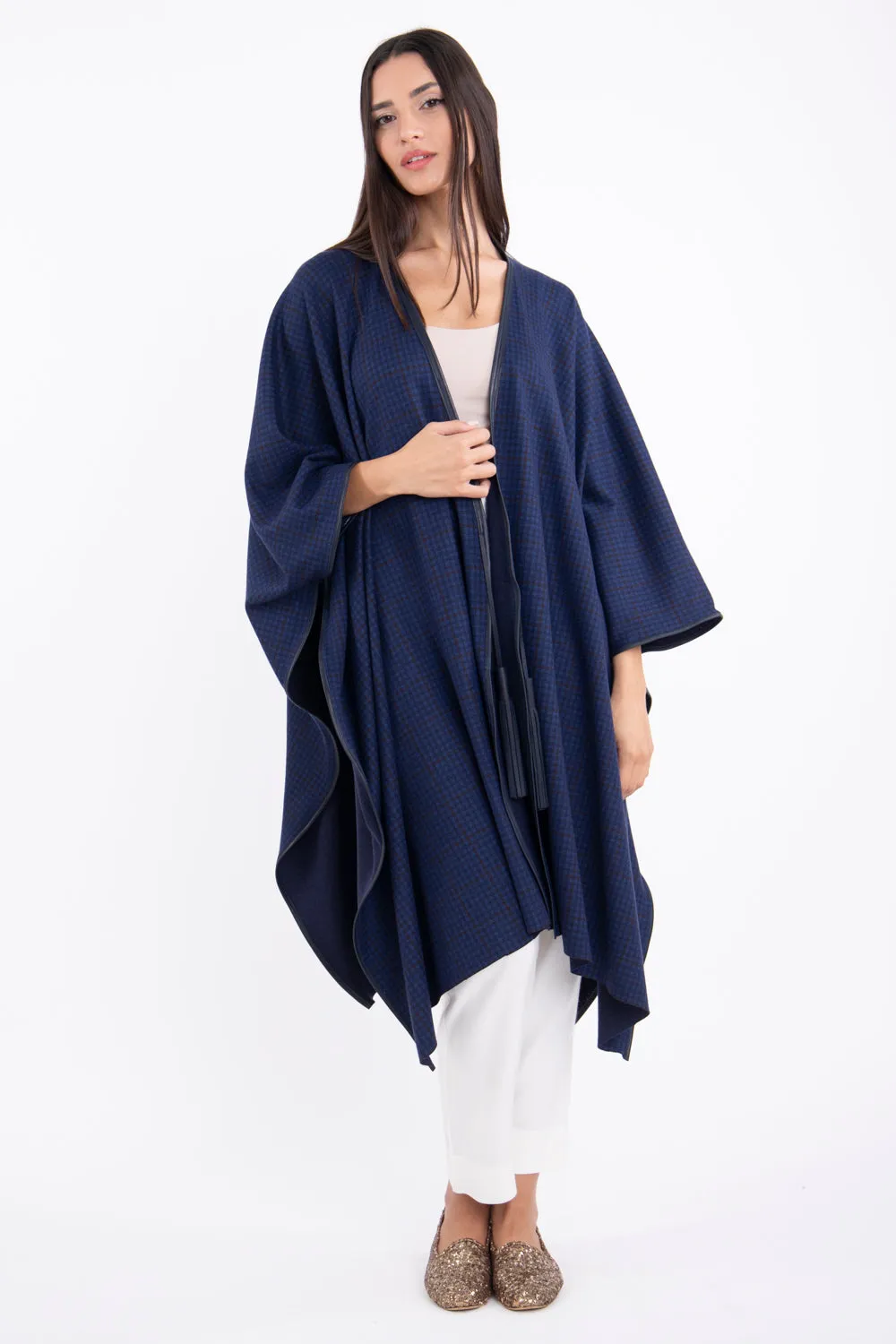 Loro Piana Wool Blue Checks Poncho