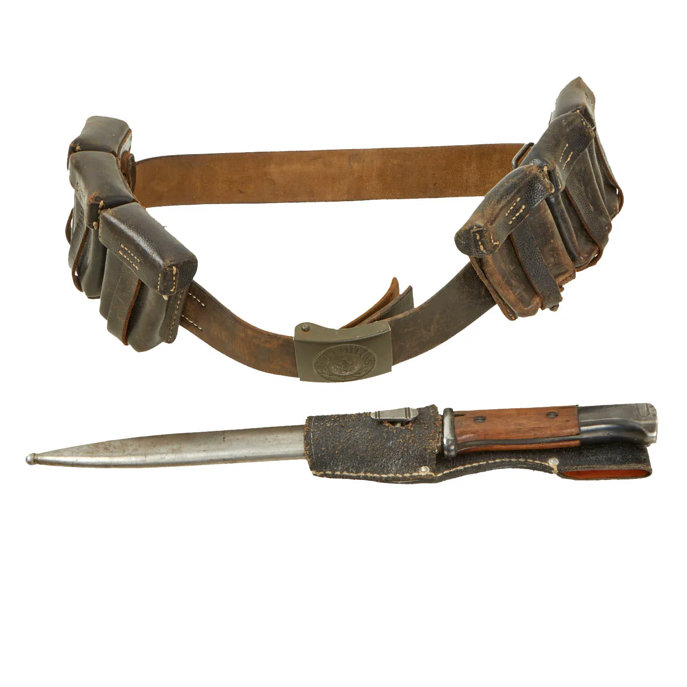 Original German WWII Army (Heer) Belt, Buckle, 98k Bayonet, Frog, and Ammunition Pouches
