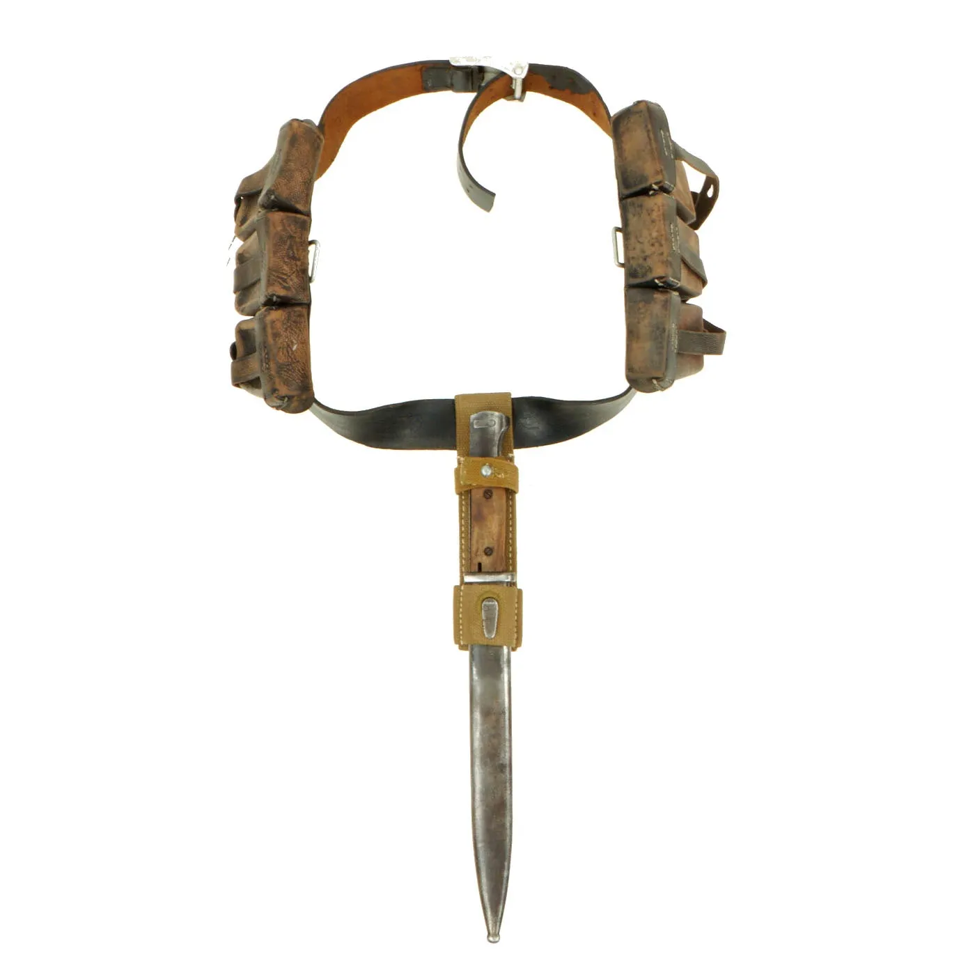 Original German WWII Army (Heer) Belt, Buckle, 98k Bayonet, Reproduction Frog, and Ammunition Pouches