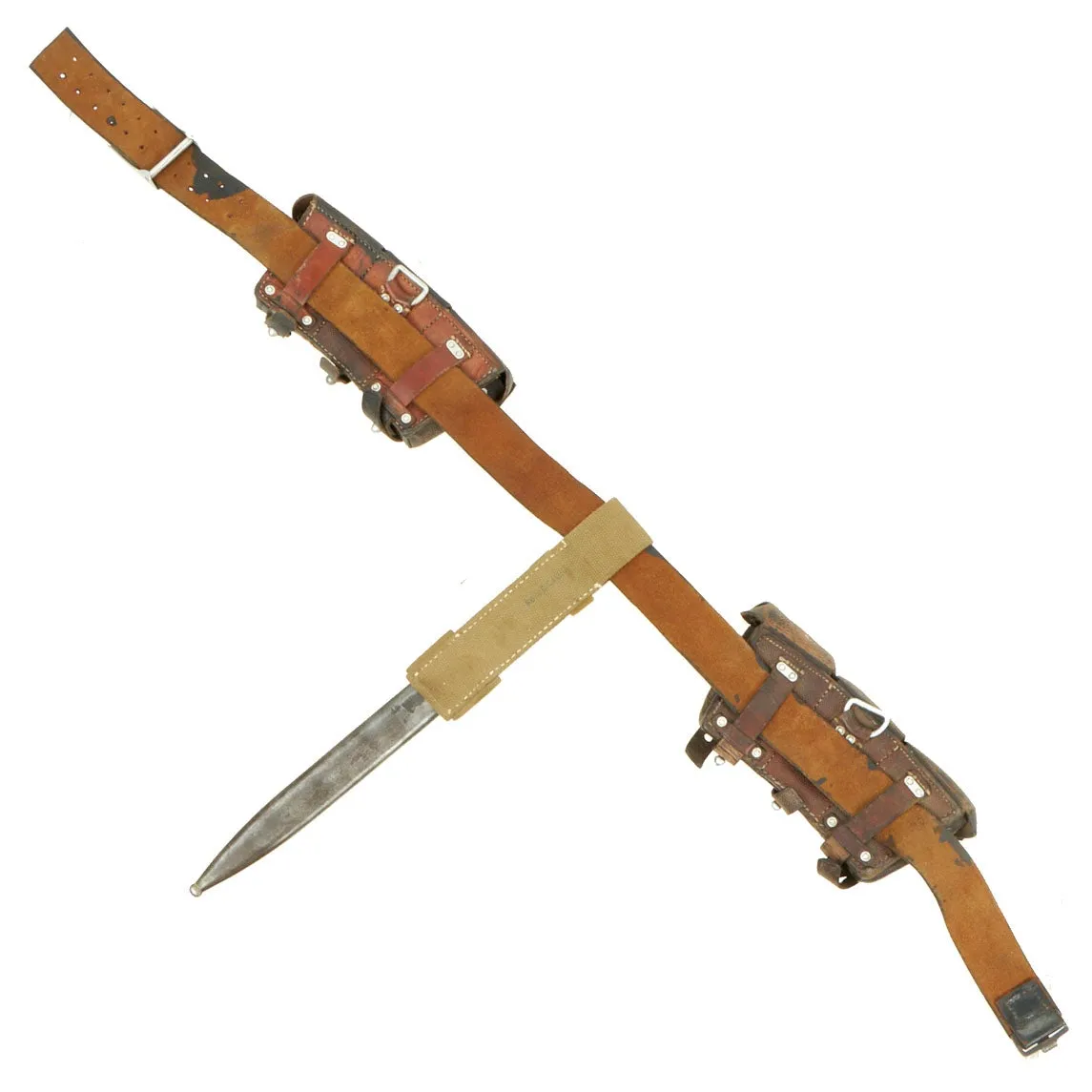 Original German WWII Army (Heer) Belt, Buckle, 98k Bayonet, Reproduction Frog, and Ammunition Pouches