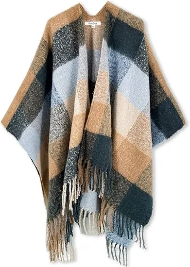 Red-Black Winter Chic Plaid Poncho Cardigan