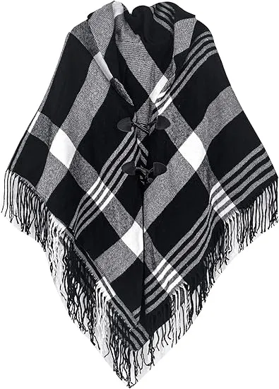 Red-Black Winter Chic Plaid Poncho Cardigan