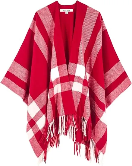 Red-Black Winter Chic Plaid Poncho Cardigan