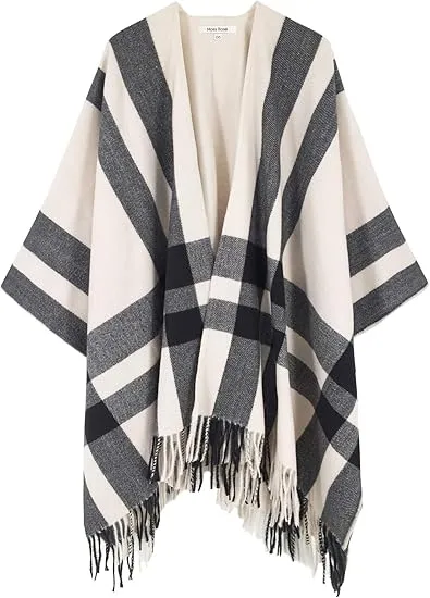 Red-Black Winter Chic Plaid Poncho Cardigan