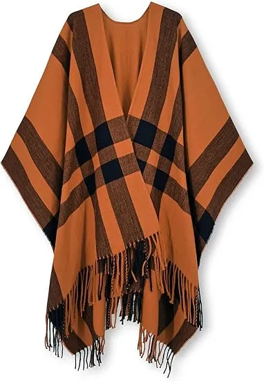 Red-Black Winter Chic Plaid Poncho Cardigan