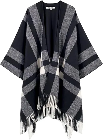 Red-Black Winter Chic Plaid Poncho Cardigan