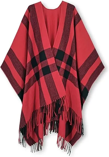 Red-Black Winter Chic Plaid Poncho Cardigan