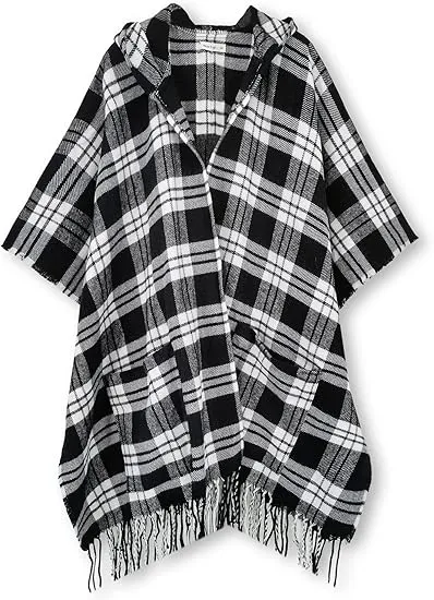Red-Black Winter Chic Plaid Poncho Cardigan