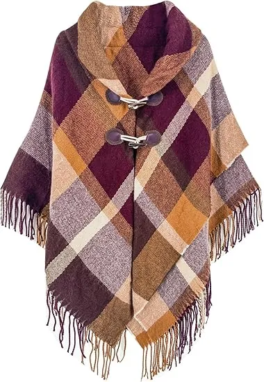 Red-Black Winter Chic Plaid Poncho Cardigan