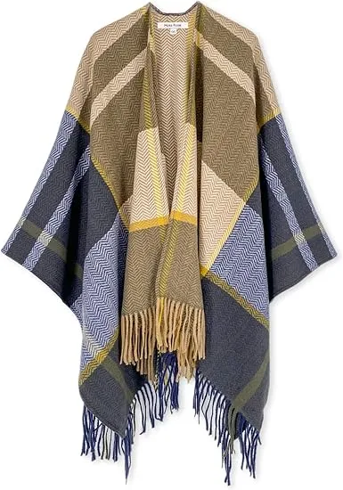Red-Black Winter Chic Plaid Poncho Cardigan
