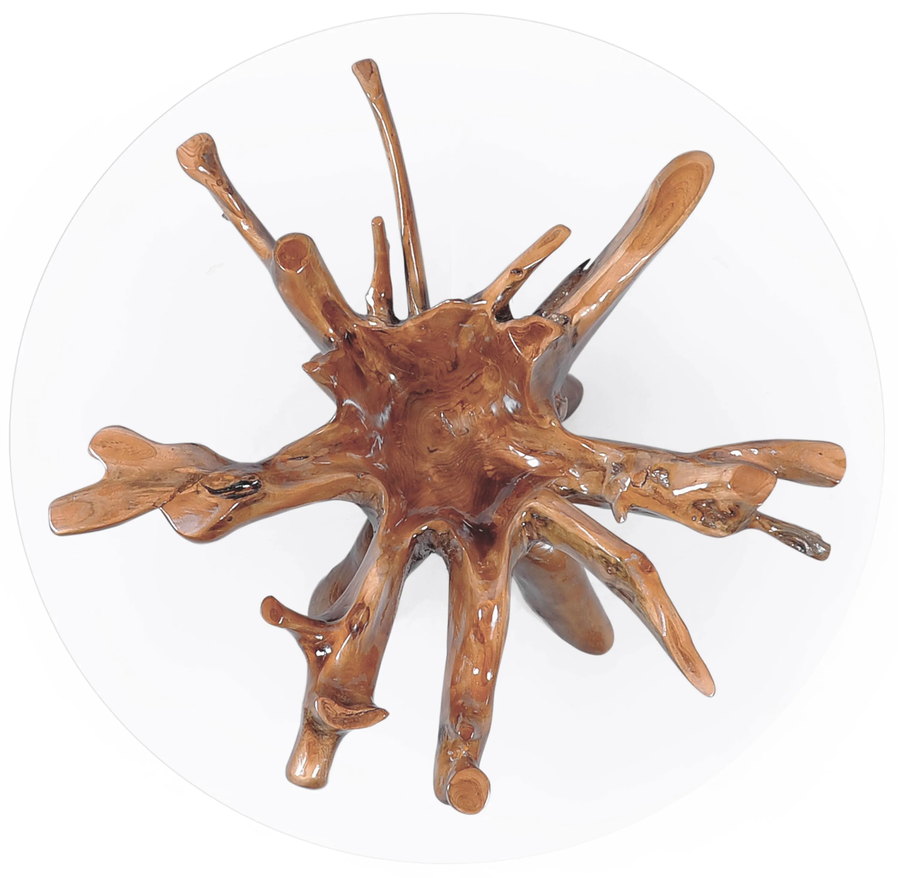 Teak Wood Root Dining Table Including a Round 48 Inch Glass Top